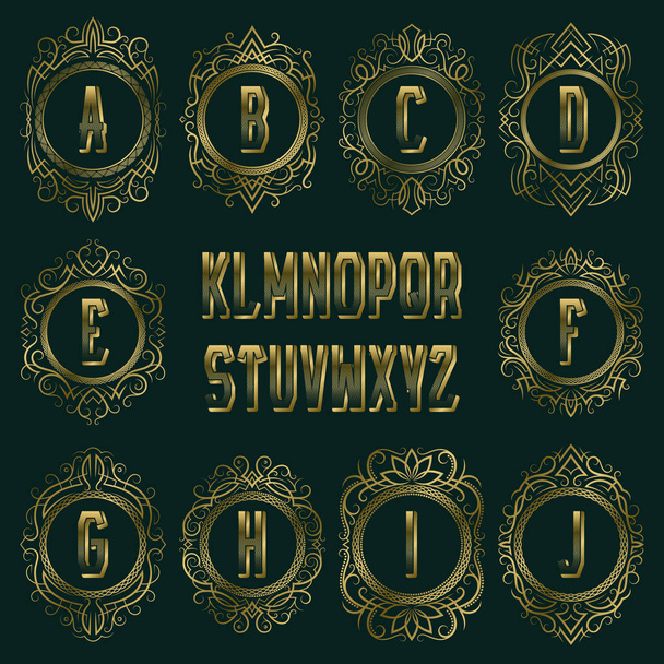 Set of golden monograms in patterned circular elliptic frame. Isolated luxurious alphabet and logo design elements kit. - Vektor, Bild