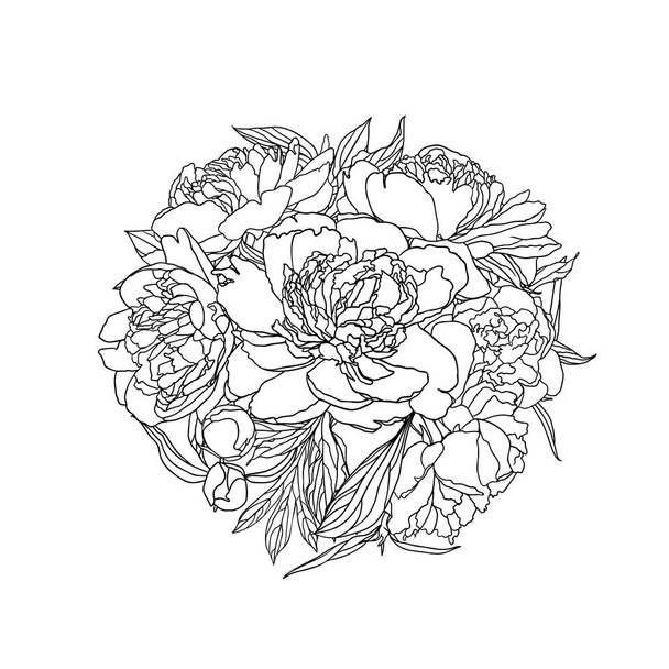 Linear vector bouquet of peony flowers. Black on white - Vetor, Imagem