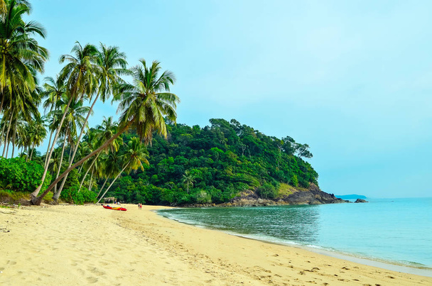 Tropical sandy beach with palm trees and tropical forest. Shooting from the sea. Thailand, Koh Chang Island, - Photo, Image