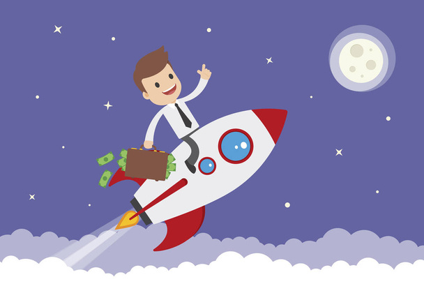 Um empresário de desenhos animados em um foguete espacial com pasta cheia de dinheiro
 - Vetor, Imagem
