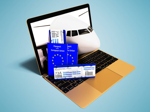 Moderne concept lucht ticketreservering via laptop voor zomervakantie met twee paspoorten 3d render op blauwe achtergrond met schaduw - Foto, afbeelding