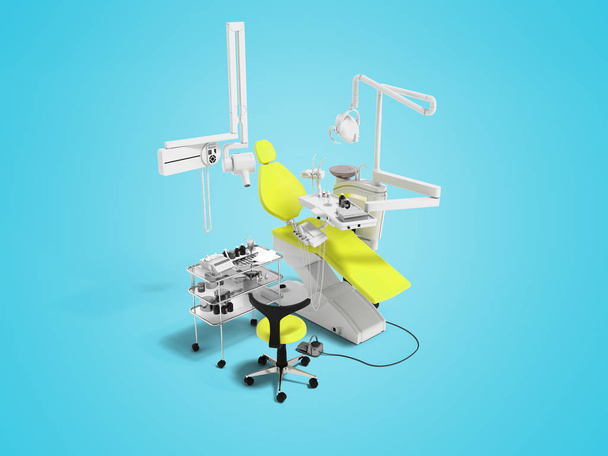 Moderna cadeira dental amarela e mesa de cabeceira com ferramentas e aparelhos para odontologia perspectiva 3d render no fundo azul com sombra
 - Foto, Imagem