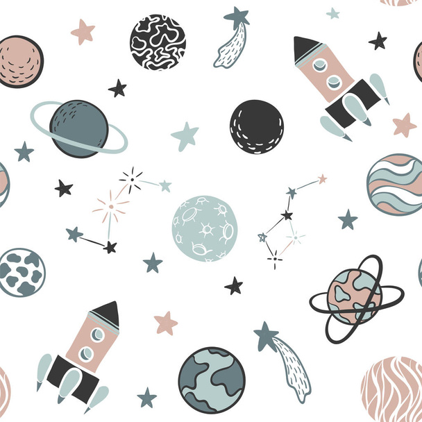 Padrão infantil sem costura. mão desenhada elementos espaciais espaço, foguete, estrela, planeta, sonda espacial. Ilustração de vetor de crianças na moda para embrulhar, cartaz, web design, tecido infantil, têxtil, papel de parede de berçário
 - Vetor, Imagem