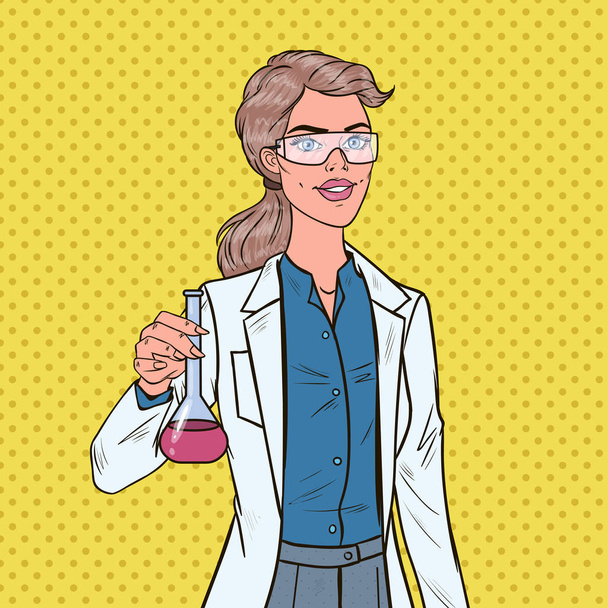 Pop Art kadın şişesi olan bilim adamı. Kadın laboratuvar araştırmacı. Farmakoloji kavramı kimya. Vektör çizim - Vektör, Görsel