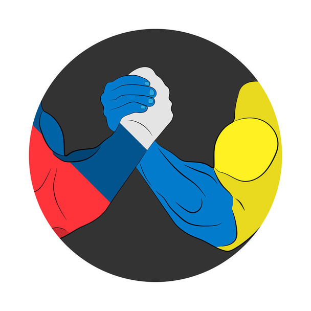 conflict between Russian and Ukraine countries concept: two hands fight. hands in Ukraine and Russian flags slyle. vector illustration - Vector, Image