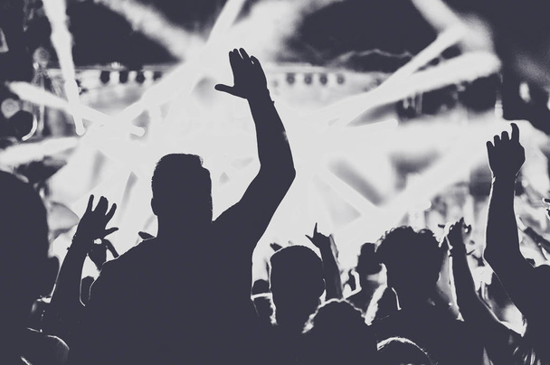 Οι άνθρωποι με υψωμένα χέρια πάρτι σε συναυλία. Πιο ήπια εικόνα - Φωτογραφία, εικόνα