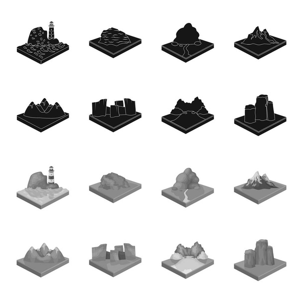 Mountains, rocks and landscape. Relief and mountains set collection icons in black,monochrome style isometric vector symbol stock illustration web. - Vector, imagen
