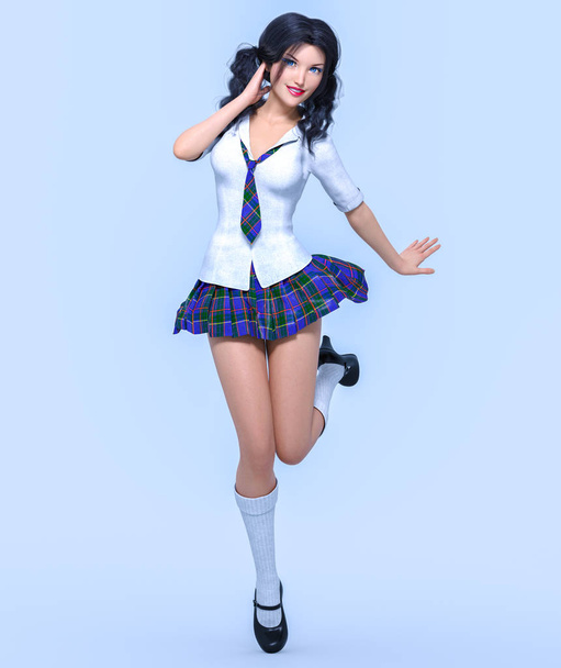 3D beautiful young attractive girl school uniform.White blouse, blue short skirt cage.Woman studio photography. High heel. Conceptual fashion art. Seductive candid pose. Realistic render illustration - Foto, afbeelding