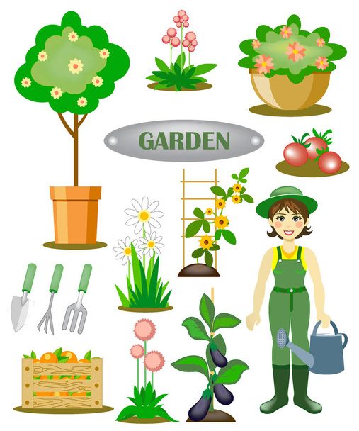 ogród z ogrodnik, kwiatów i warzyw - Wektor, obraz