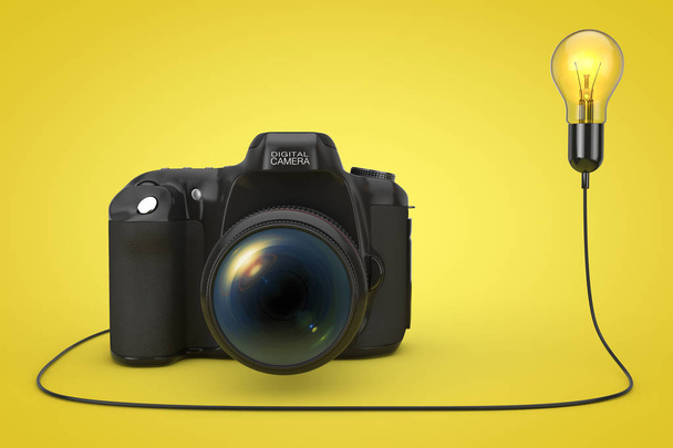 Современная цифровая фотокамера подключена к Creative Idea Light Bulb на желтом фоне. 3D-рендеринг
 - Фото, изображение