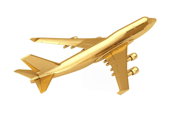 Beyaz zemin üzerine altın Jet yolcu uçağı. 3D render - Fotoğraf, Görsel