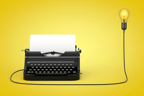 Ancienne machine à écrire rétro vintage connectée à une ampoule Creative Idea sur fond jaune. Rendu 3d
 - Photo, image