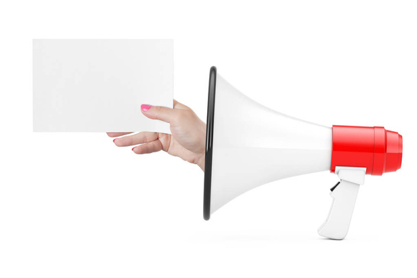 Hand show Blank Paper from Megaphone on a white background. 3d Rendering - Photo, Image