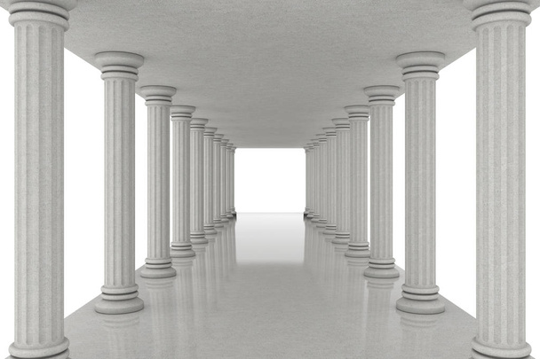 Длинный коридор между классическими колоннами на белом фоне. 3D-рендеринг
 - Фото, изображение