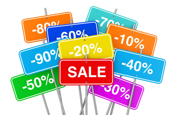 Разноцветные продажные табло с многопроцентными скидками на белом фоне. 3D-рендеринг
 - Фото, изображение