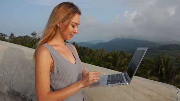 Mujer de negocios de cámara lenta trabajando en el ordenador portátil
 - Metraje, vídeo
