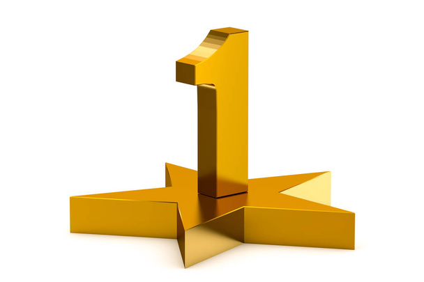 3D golden number 1 on star podium, 3D rendering isolated on white background - Photo, Image