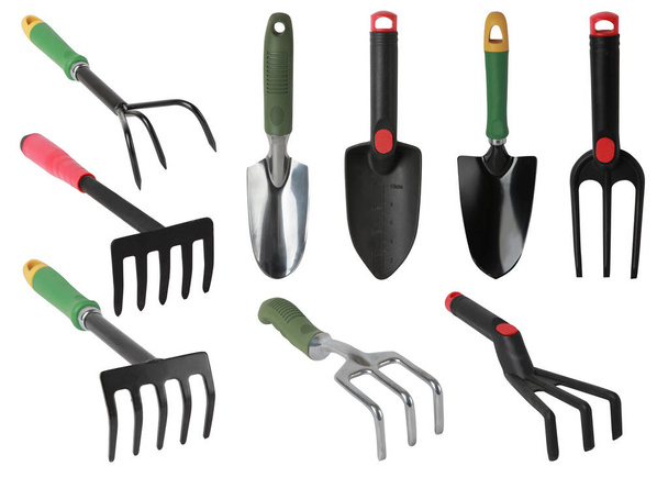Conjunto de ferramentas de jardinagem, mão Trowels e garfos isolados
 - Foto, Imagem