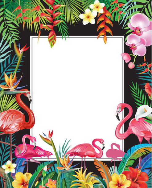 Summer Party Poster with Flamingoes and Tropical Flowers - Wektor, obraz