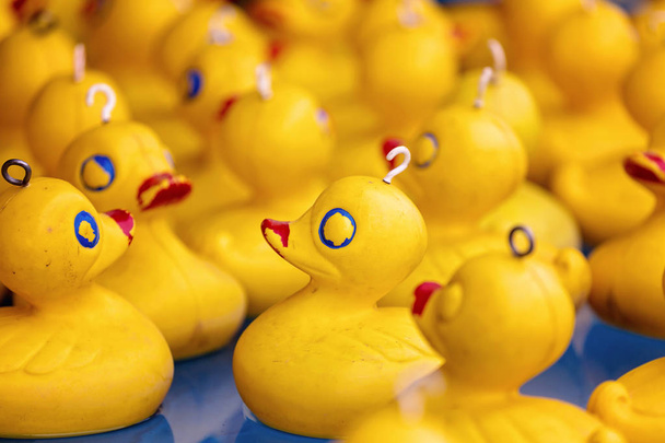 Patos de plástico amarelo em um gancho o jogo de pato no beco de demonstração lateral em um show de país
 - Foto, Imagem