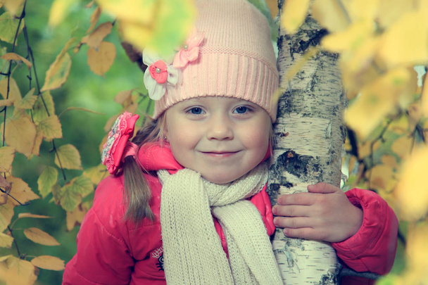 χρυσό φθινόπωρο, όμορφο κορίτσι στο φόντο των φύλλων δέντρο, ευτυχισμένο SMIL? Τονισμένα - Φωτογραφία, εικόνα