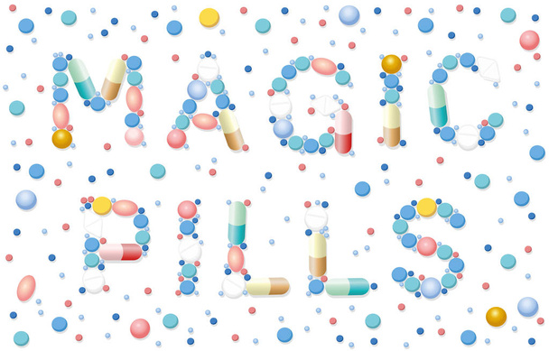 Pillole magiche scritte con pillole, compresse, capsule - medicina miracolosa cura - assicurato la salute. Illustrazione vettoriale isolata su sfondo bianco
. - Vettoriali, immagini
