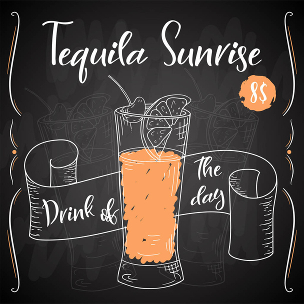 Vector dring poster. Cocktail Tequila Sunrise for restaurant and cafe. Hand drawn illustration - Вектор,изображение