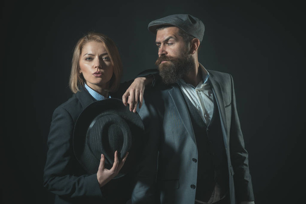 How Does Forensic Science Help Solve Crimes Couple detectives investigators partners. Partnership clever intelligent reporter investigator Man and blonde woman dressed formal old fashioned - 写真・画像