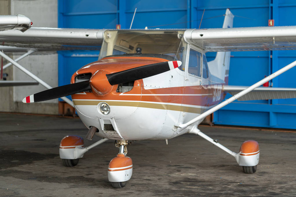 Small Sport Aircraft parked in hangar, close up. detail - Fotó, kép