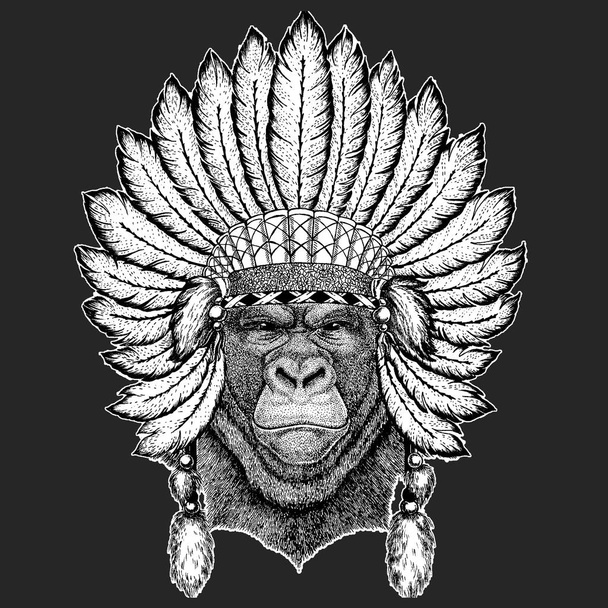 Goril, maymun, maymun korkunç hayvan geleneksel etnik Hint boho headdress kabile şaman şapka tören öğesi - Vektör, Görsel