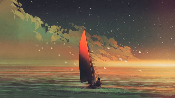 jacht na morzu z wieczorem światło słoneczne, styl sztuka cyfrowa, ilustracja, malarstwo - Zdjęcie, obraz