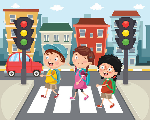 Ilustración vectorial de niños caminando a través del paso de peatones
 - Vector, Imagen