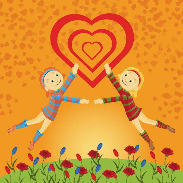 vektor plochý obrázek dvě holčičky na zeleném trávníku v šatech mezi květy současně skok na dotek velké srdce - Vektor, obrázek