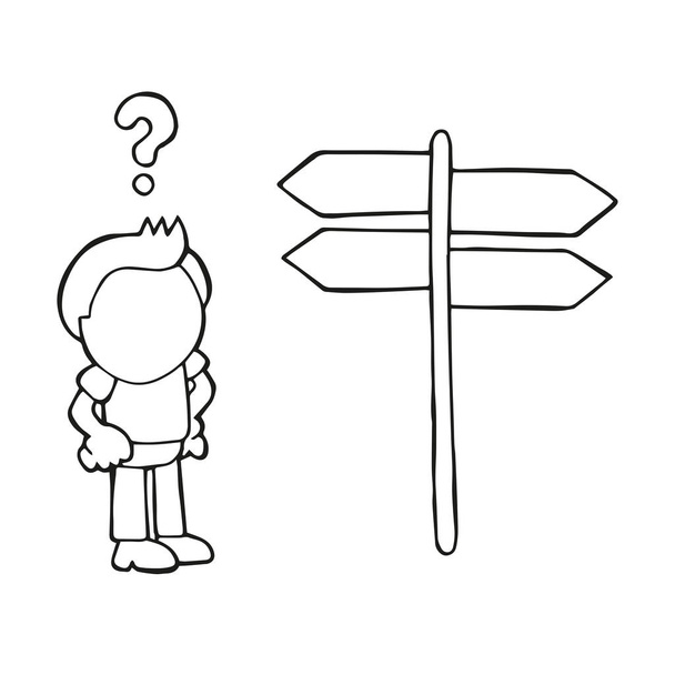 Vector hand-drawn cartoon illustration of confused lost man standing in front of directional sign. - Vector, Image