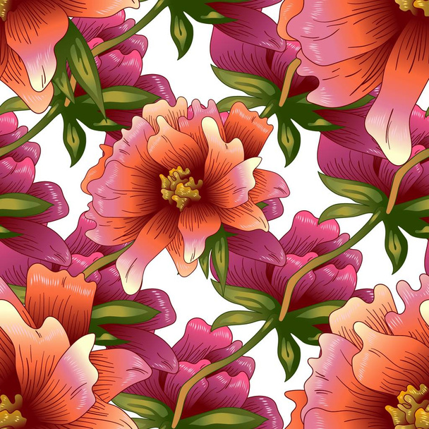 Pink peony flowers in a vector style. Seamless background pattern. Fabric wallpaper print texture. Full name of the plant: peony. Vector flower for background, wrapper pattern, frame or border. - Вектор, зображення