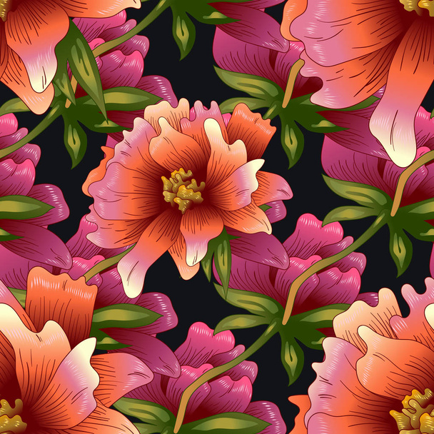 Roze pioen bloemen in de stijl van een vector. Naadloze achtergrondpatroon. Structuur behang print textuur. Volledige naam van de plant: pioen. Vector bloem voor achtergrond, wrapper patroon, frame of rand. - Vector, afbeelding