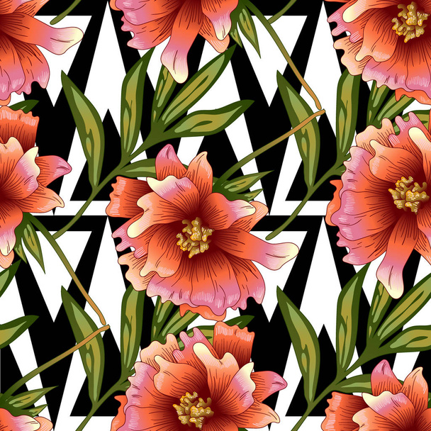 Pink peony flowers in a vector style. Seamless background pattern. Fabric wallpaper print texture. Full name of the plant: peony. Vector flower for background, wrapper pattern, frame or border. - Vector, Image