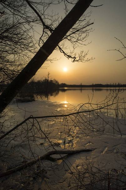 Kaunis luonto ja maisema kuva värikäs auringonlasku keväällä illalla Ruotsissa Skandinaviassa Euroopassa. Kiva ulkokuva järvellä, puilla ja taivaalla. Rauhallinen, rauhallinen taustakuva
. - Valokuva, kuva
