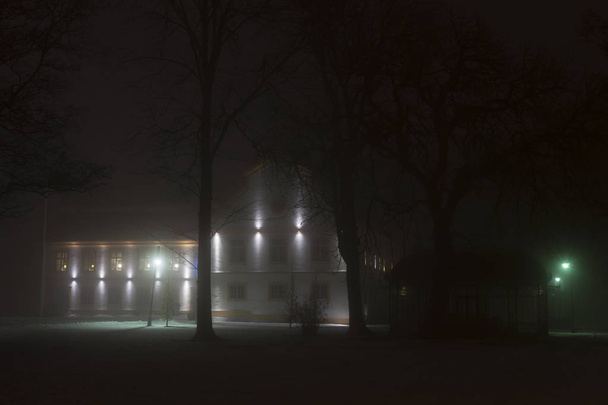 Foggy night in Sweden Scandinavia Europe. Belle photo, mystique et abstraite de soirée d'hiver sombre avec brume dans l'air. Calme, image en plein air paisible avec lumières, lampes et route
. - Photo, image