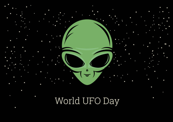 Dünya Ufo gün vektör. Uzaylı çizgi film karakteri. Yıldızlı bir arka plan üzerinde uzaylı. Yeşil uzaylı yüzü. Önemli gün - Vektör, Görsel