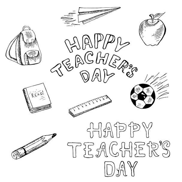Iskolai tárgyak illusztráció. Tinta vázlatot doodle, hátizsák, papírrepülő, apple, intézkedés, ceruza, labdát, betűkkel boldog tanárok nap stock vektor illusztráció design elem a weben, nyomtatás - Vektor, kép