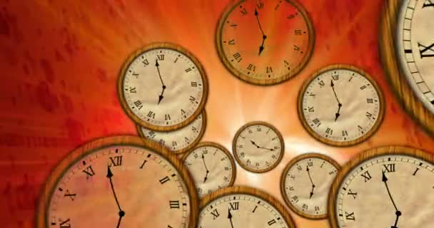 Zeit, die auf fliegenden Uhren im abstrakten Raum zurückfließt. surrealistische Konzeptanimation einer Zeitreise in die Vergangenheit. - Filmmaterial, Video