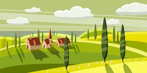 Campo encantador, granja, pueblo, vacas de pastoreo, ovejas, flores, nubes, estilo de dibujos animados, ilustración de vectores
 - Vector, Imagen