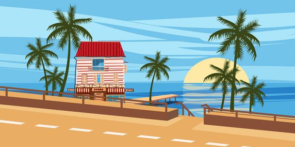 Seascape, road, house, palm trees, tropical, vacation, cartoon style, vector illustration - Vector, Image