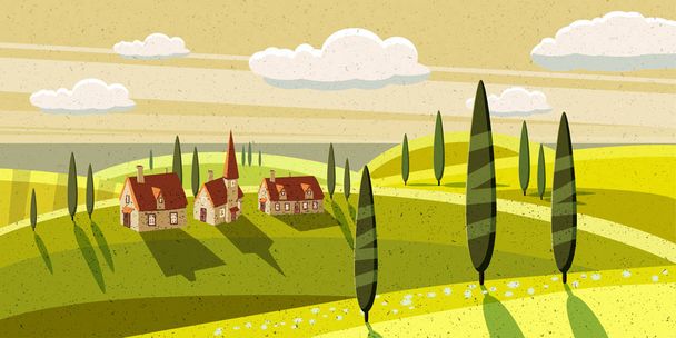 schöne Landschaft, Bauernhof, Dorf, weidende Kühe, Schafe, Blumen, Wolken, Cartoon-Stil, Vektorillustration - Vektor, Bild