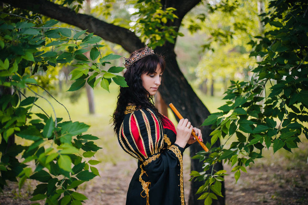 Queen with a flute in her hands. Beautiful girl in the crown plays on the pipe. Fantasy. Medieval black and red dress with gold embroidery. - Foto, Imagen