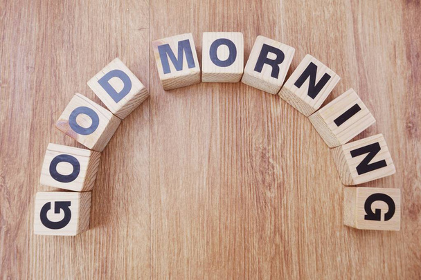 good morning wooden letter alphabet on wooden background - Photo, image