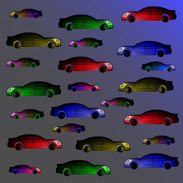 Fondo de coches multicolores. Coches de color metálico sedanes
. - Vector, imagen