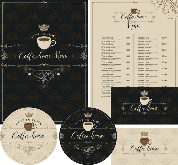 Vector set of design elements for coffee house with cup, crown and handwritten inscriptions. Menu, business cards and coasters for drinks in baroque style on ornate backdrop with floral pattern - Vektor, obrázek
