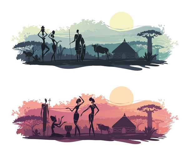 Ηλιοβασίλεμα στην Αφρική με τις σιλουέτες της εθνική στεγαστική, μπαομπάμπ, ακακία, γκνου (wildebeest) και ιθαγενείς - Διάνυσμα, εικόνα
